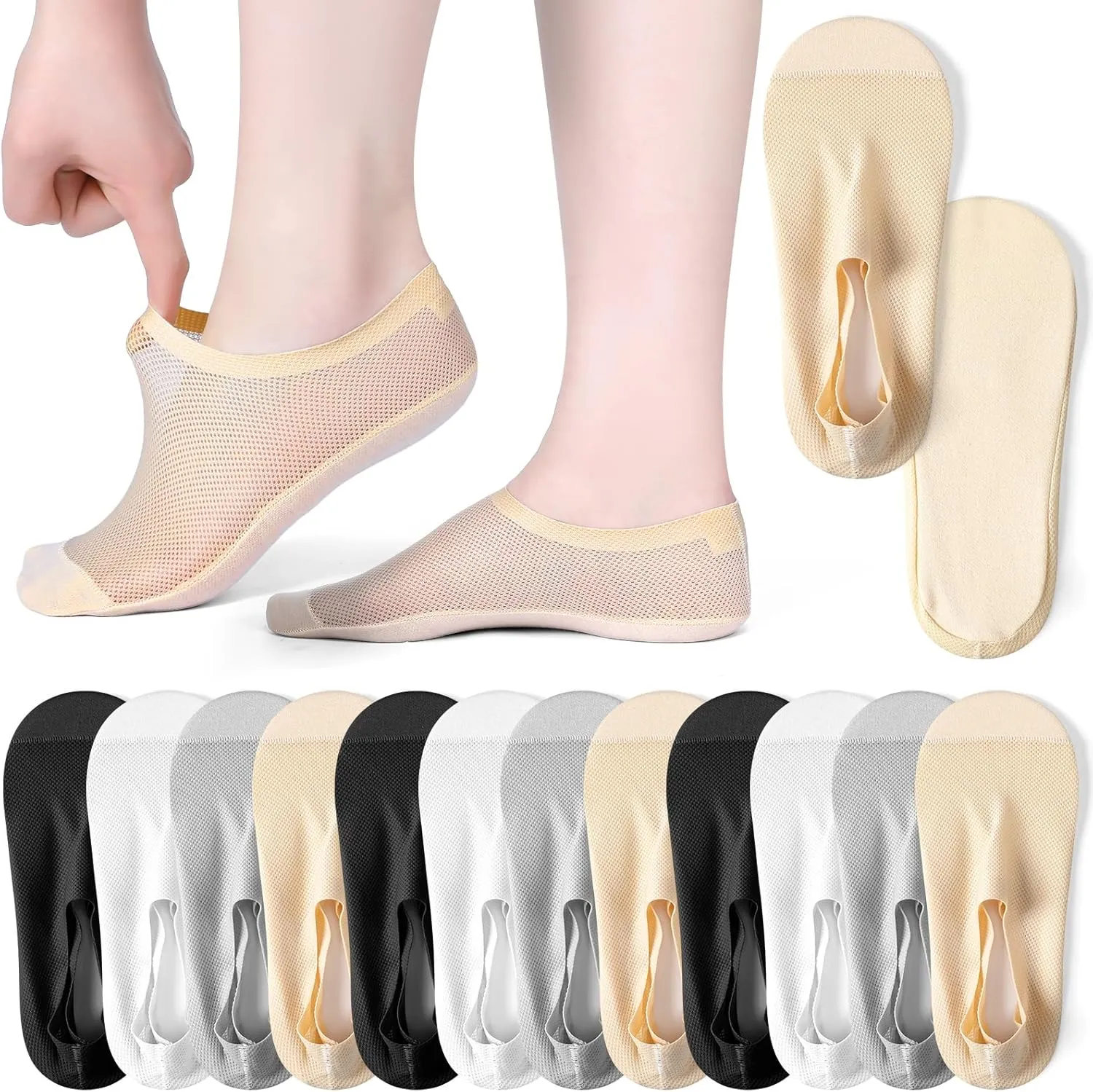 12 Pairs Ultra Thin No Show Nylon Mesh Socks for Women Low Cut Breathable Lightweight Invisible Liner Socks for Flat Boat Loafers Sneaker