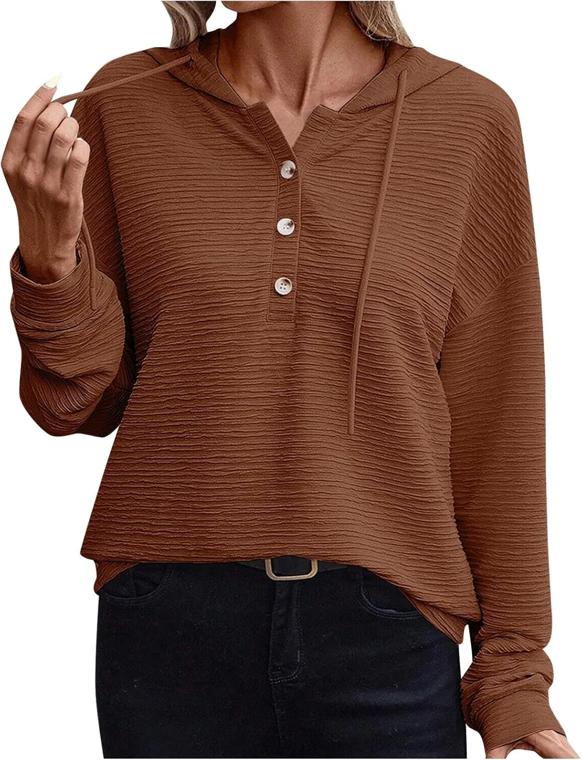 2024 Fall Womens Oversized Hoodies V Neck Solid Color Sweaters Fashion Casual Drawstring Pullover Going Out Clothes
