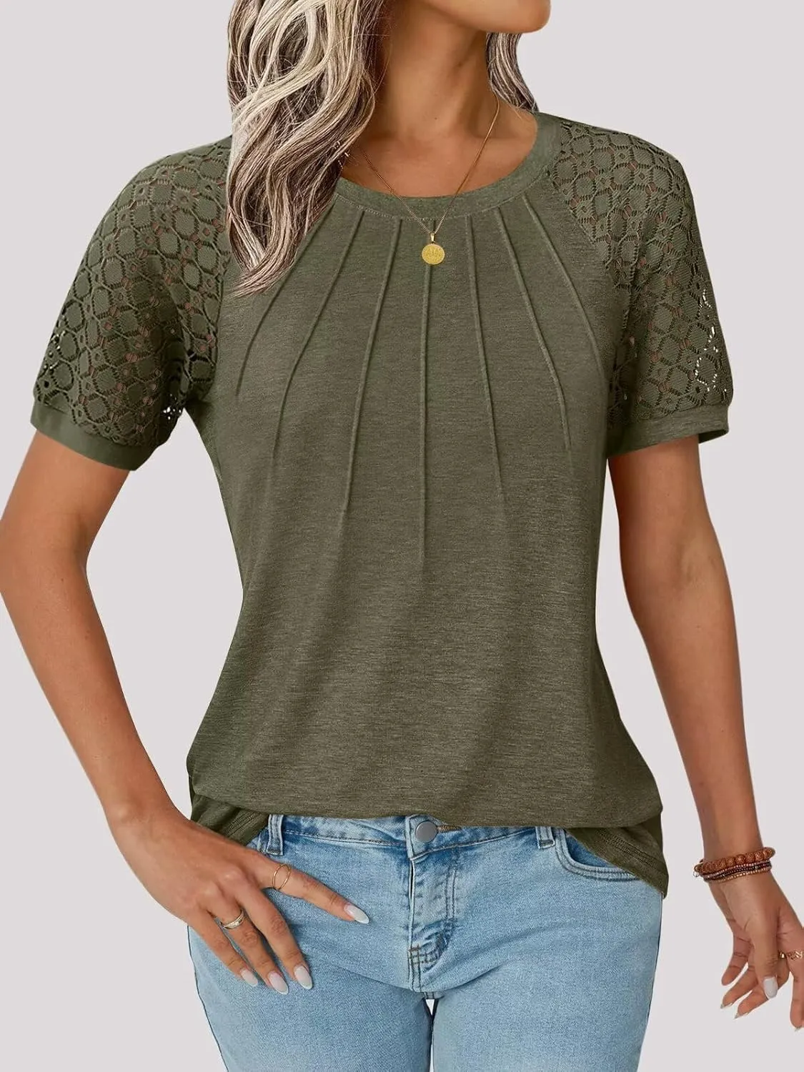3 Pack Women's T Shirts, Short Sleeve Summer Tops 2025 Spring Trendy Lace Blouses Business Casual Clothes