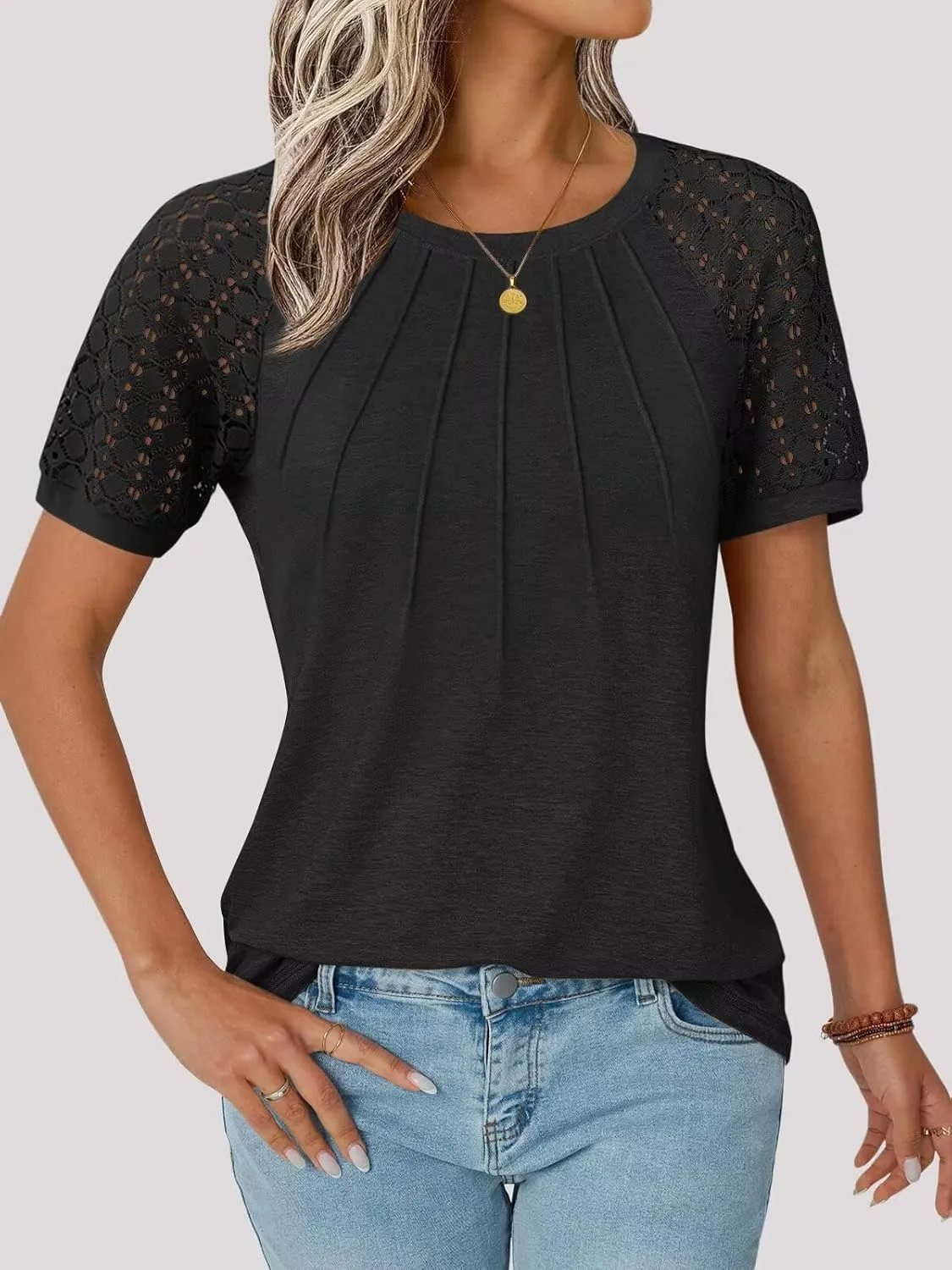 3 Pack Women's T Shirts, Short Sleeve Summer Tops 2025 Spring Trendy Lace Blouses Business Casual Clothes