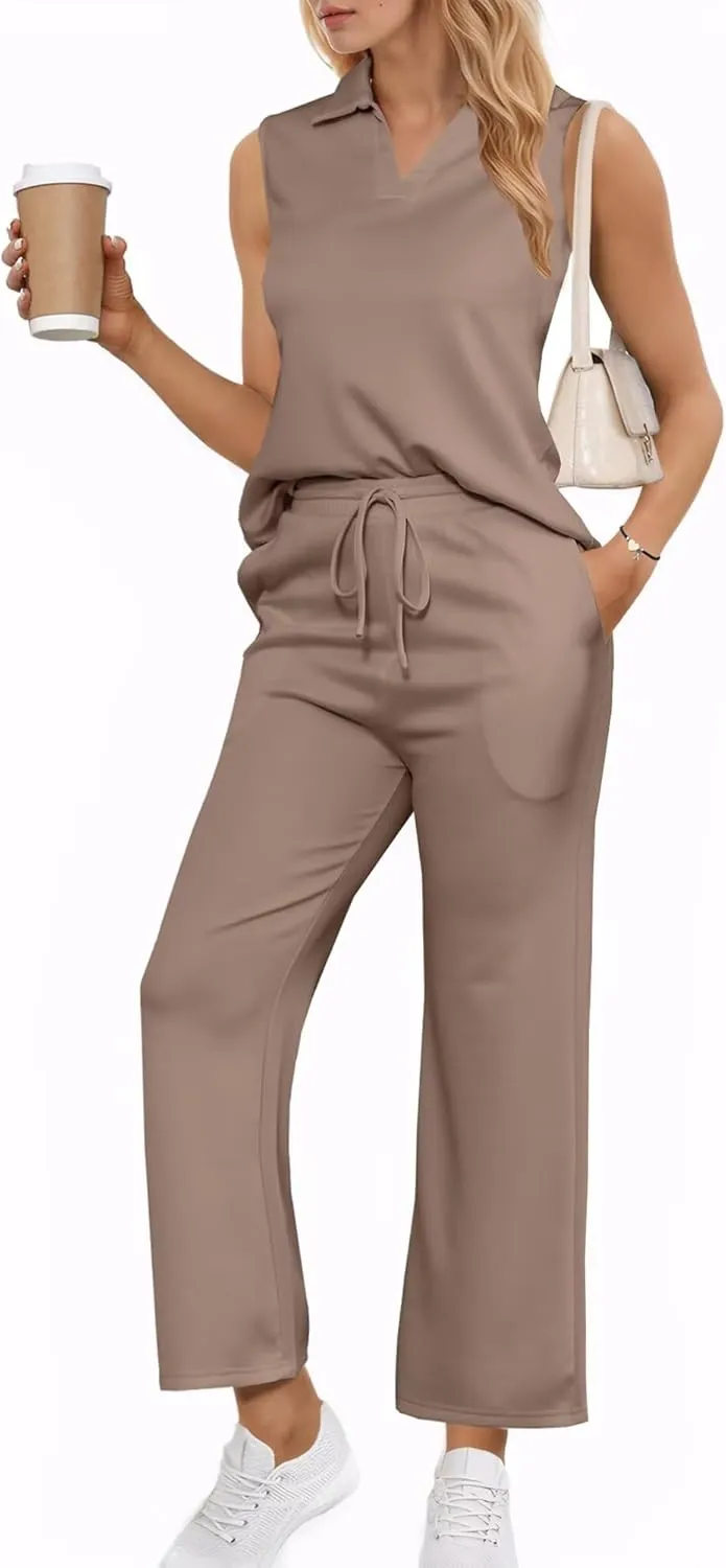 Adogirl 2 Piece Casual Pants Sets for Women Summer Two Piece Outfits Sleeveless Vacation Tank Tops Wide Leg Capri Pants