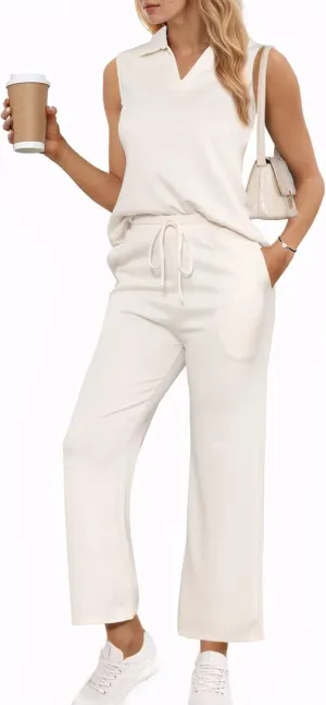 Adogirl 2 Piece Casual Pants Sets for Women Summer Two Piece Outfits Sleeveless Vacation Tank Tops Wide Leg Capri Pants