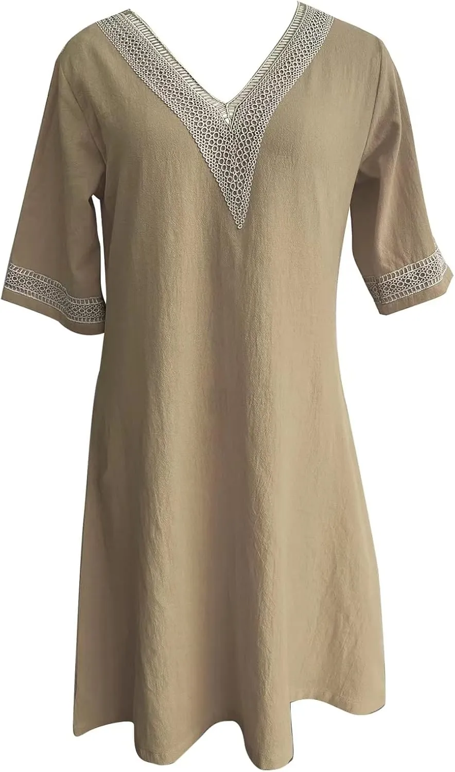 Akivide Women's Summer Cotton Linen V Neck Half Sleeve Mini Dress Casual Loose Plus Size Beach Vacation Tunic Dress