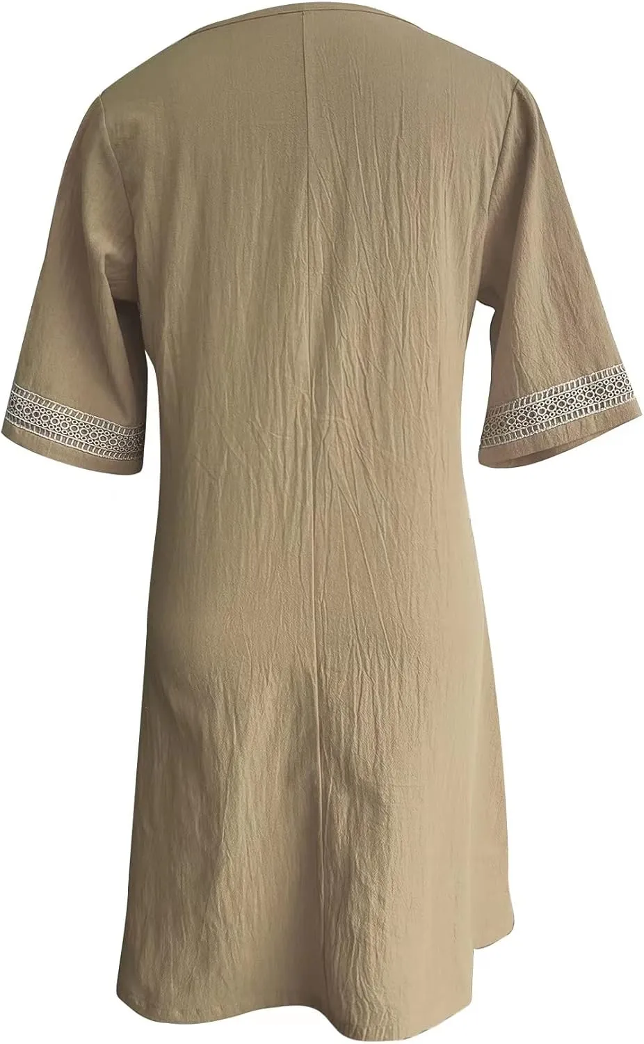 Akivide Women's Summer Cotton Linen V Neck Half Sleeve Mini Dress Casual Loose Plus Size Beach Vacation Tunic Dress