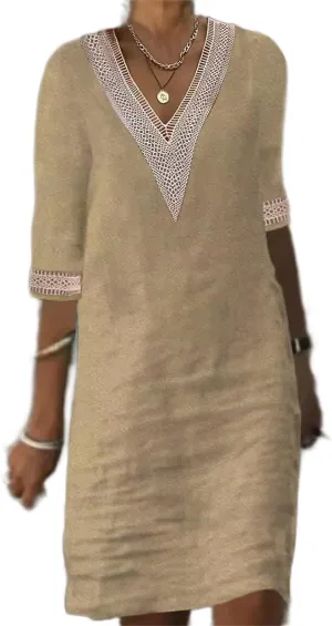 Akivide Women's Summer Cotton Linen V Neck Half Sleeve Mini Dress Casual Loose Plus Size Beach Vacation Tunic Dress