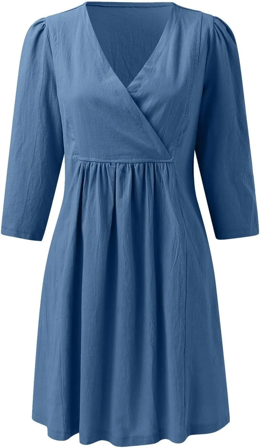 Akivide Womens Summer V Neck Linen Dress Loose Half Sleeve Pleated Solid Linen Dress