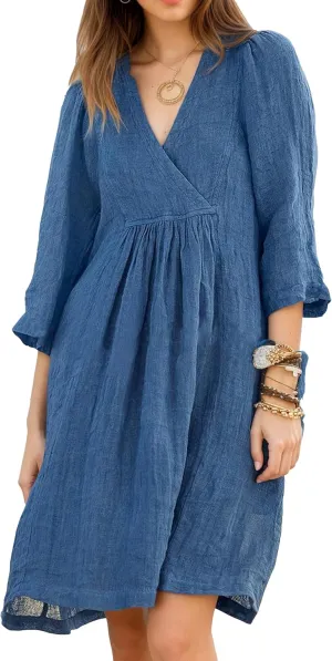Akivide Womens Summer V Neck Linen Dress Loose Half Sleeve Pleated Solid Linen Dress
