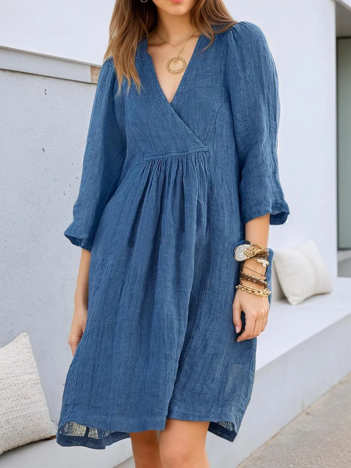 Akivide Womens Summer V Neck Linen Dress Loose Half Sleeve Pleated Solid Linen Dress