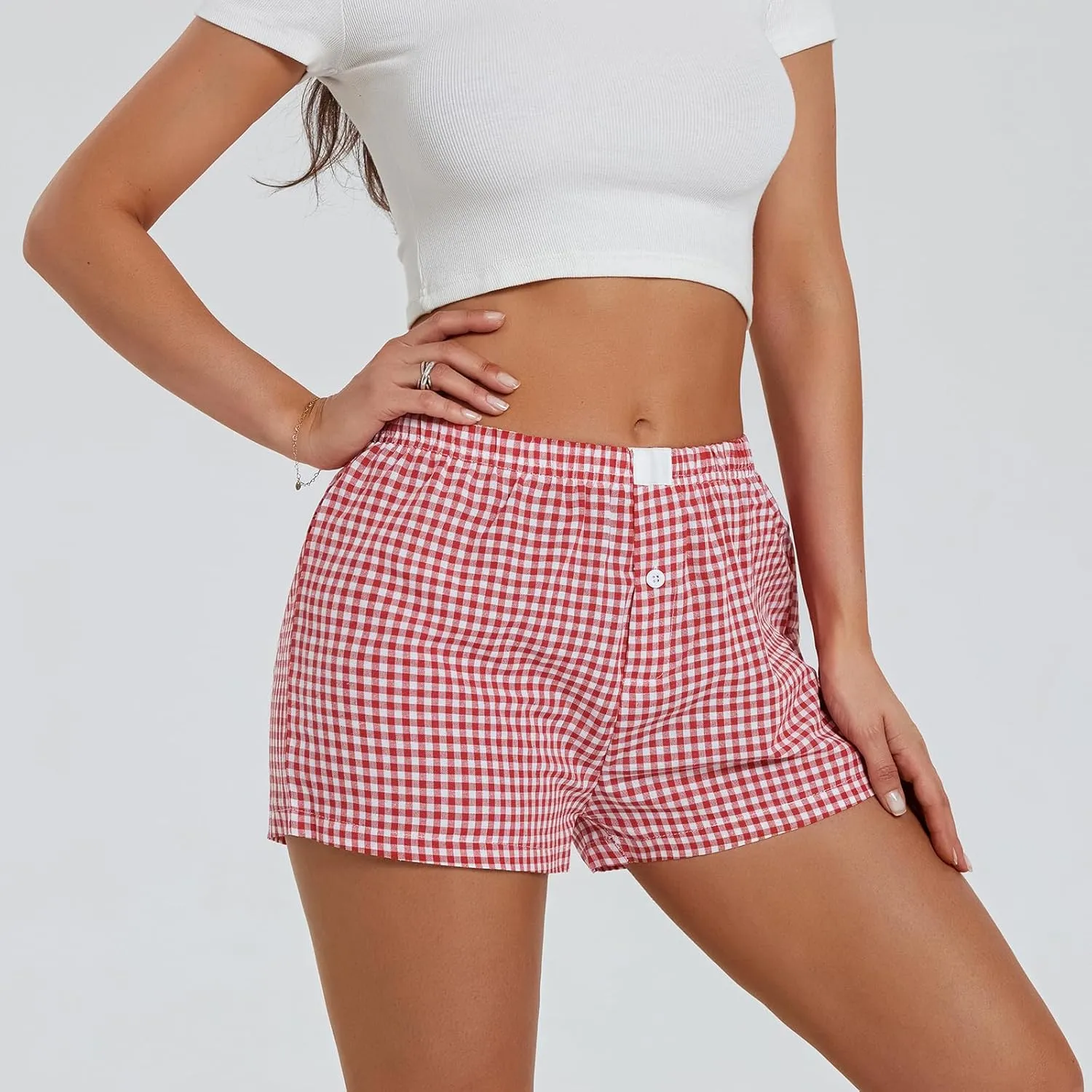 Amiblvowa Women Boxer Shorts Low Waisted PJ Elastic Comfortable Y2k Pajamas Plaid Striped Gingham Lounge Home Clothing