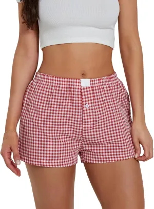 Amiblvowa Women Boxer Shorts Low Waisted PJ Elastic Comfortable Y2k Pajamas Plaid Striped Gingham Lounge Home Clothing