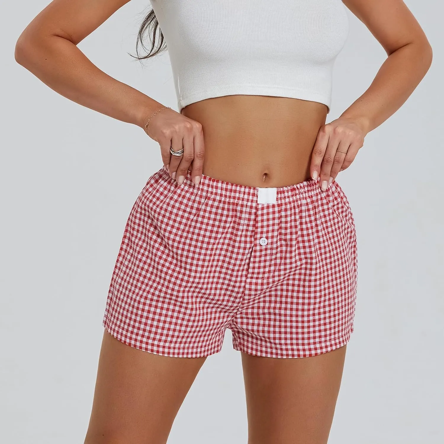 Amiblvowa Women Boxer Shorts Low Waisted PJ Elastic Comfortable Y2k Pajamas Plaid Striped Gingham Lounge Home Clothing