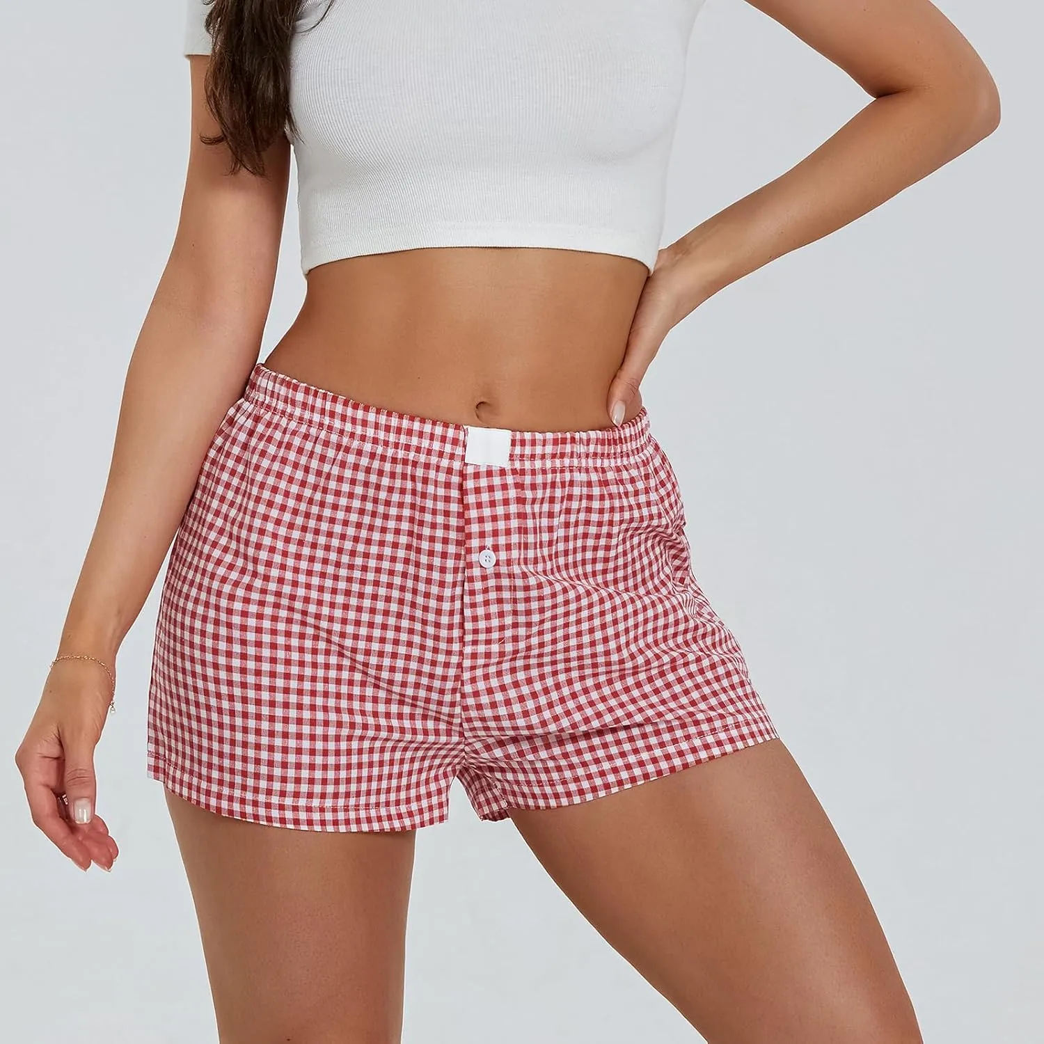 Amiblvowa Women Boxer Shorts Low Waisted PJ Elastic Comfortable Y2k Pajamas Plaid Striped Gingham Lounge Home Clothing