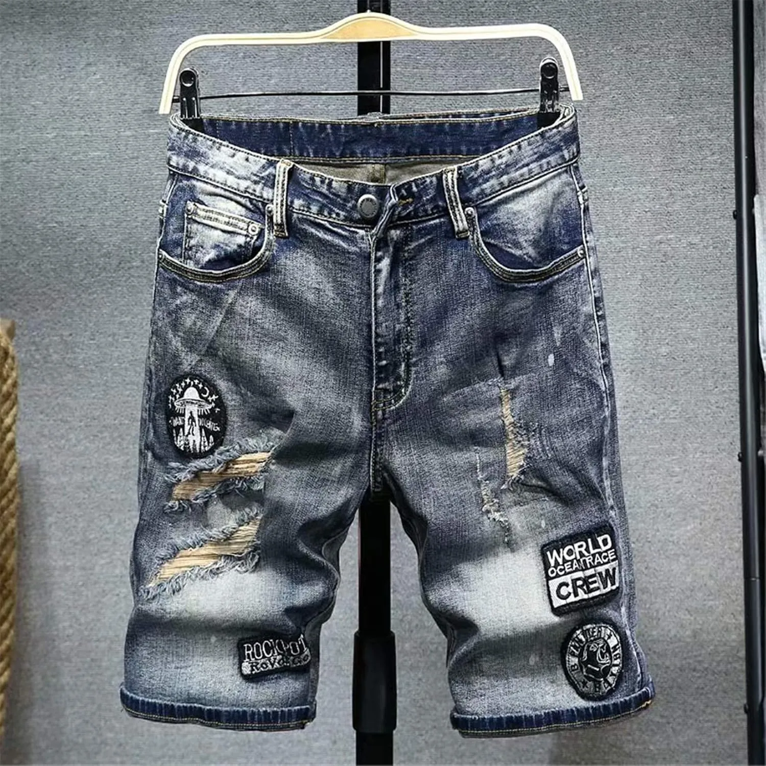 Andongnywell Men's Mid Waist Casual Denim Shorts Classic Fit Distressed Ripped Short Jeans with Pockets Zipper