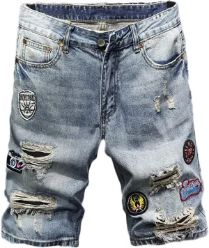 Andongnywell Men's Mid Waist Casual Destroyed Denim Shorts Ripped Short Pants Straight Fit Jeans Shorts with Zipper