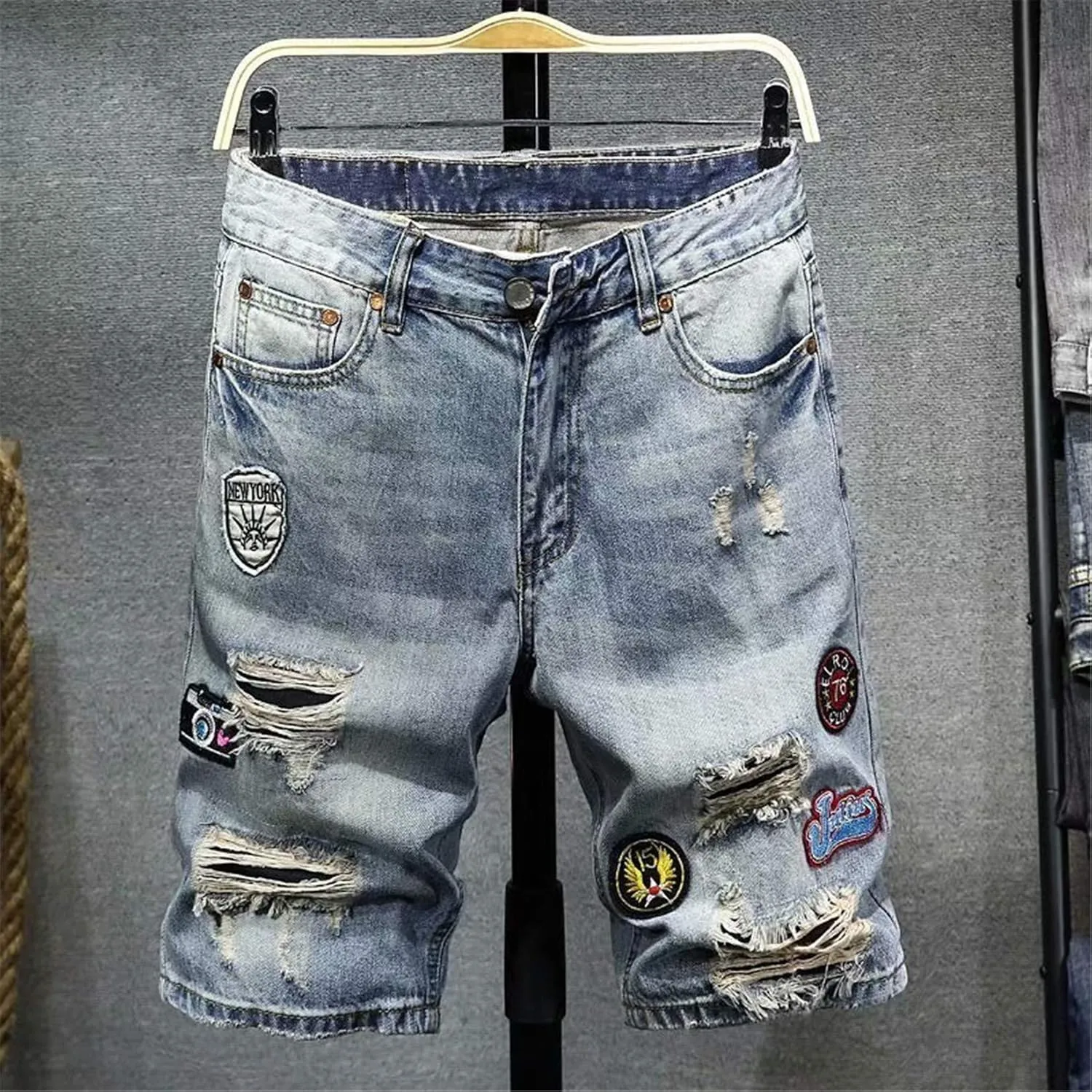 Andongnywell Men's Mid Waist Casual Destroyed Denim Shorts Ripped Short Pants Straight Fit Jeans Shorts with Zipper
