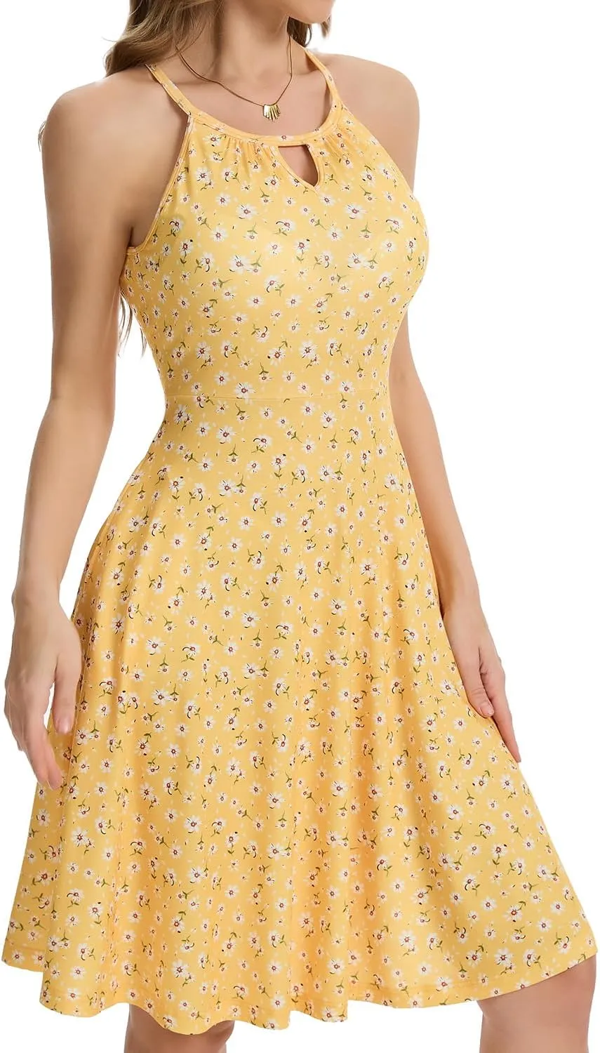 ANYFITTING Built in Bra Halter Dresses for Women 2025 Summer Pockets Dress Flowy Midi Sundresses Beach Vacation