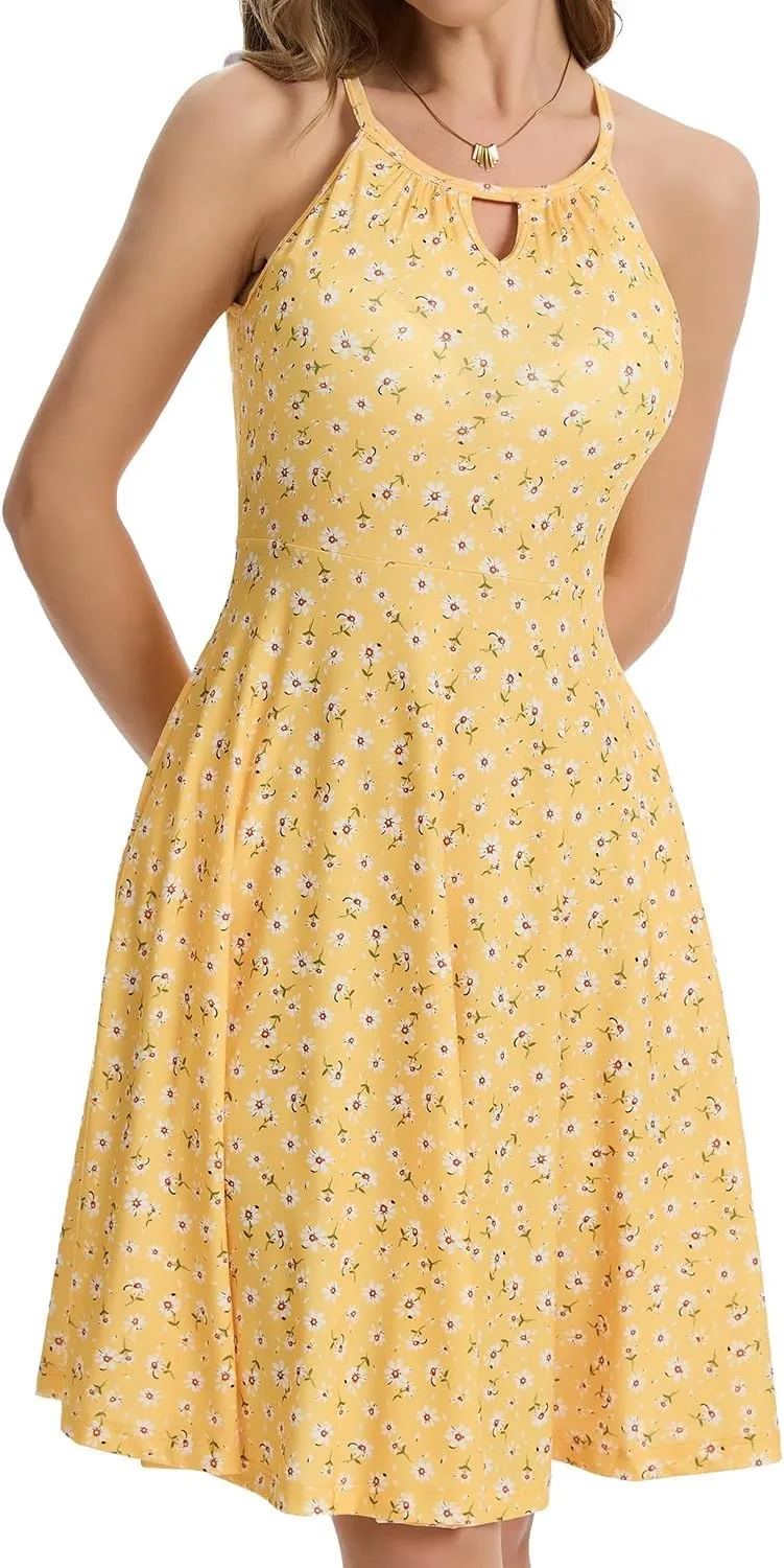 ANYFITTING Built in Bra Halter Dresses for Women 2025 Summer Pockets Dress Flowy Midi Sundresses Beach Vacation
