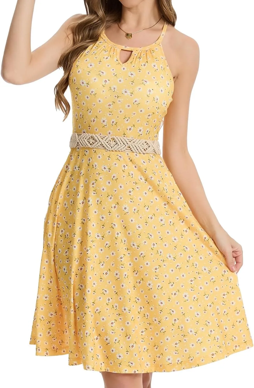 ANYFITTING Built in Bra Halter Dresses for Women 2025 Summer Pockets Dress Flowy Midi Sundresses Beach Vacation