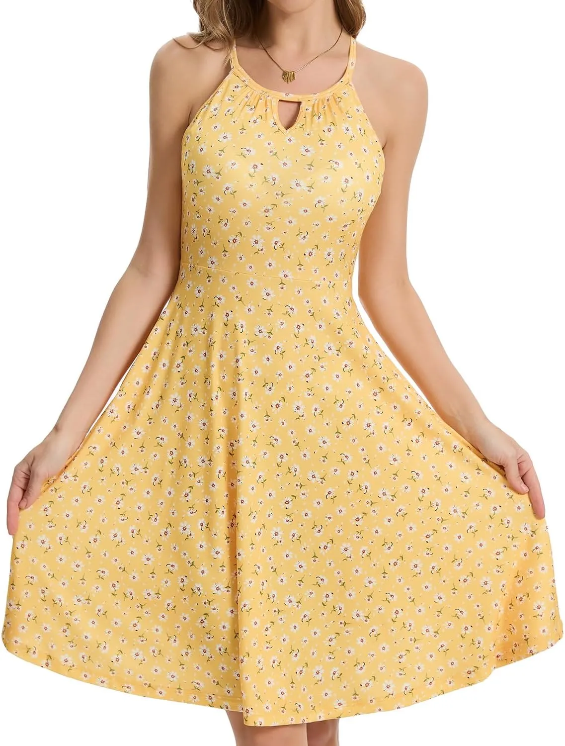 ANYFITTING Built in Bra Halter Dresses for Women 2025 Summer Pockets Dress Flowy Midi Sundresses Beach Vacation