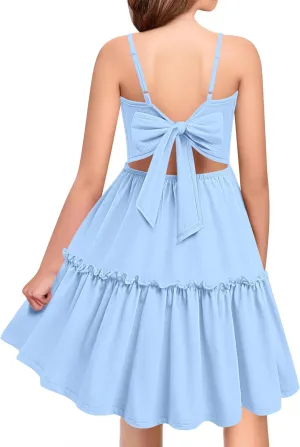 Arshiner Girls Tie Back Dress Spaghetti Strap Ruffle Hem Casual Summer Beach Sundress with Pockets