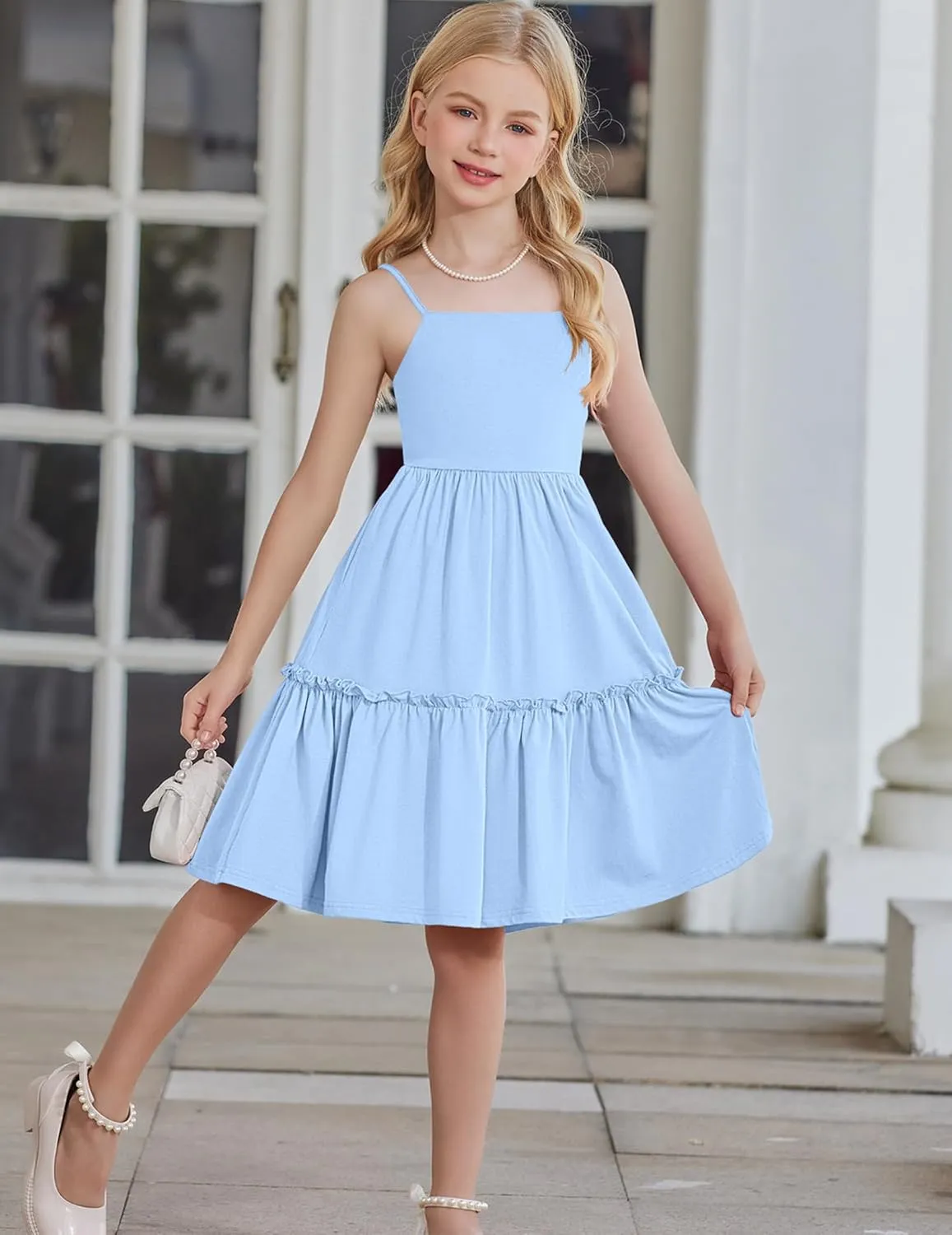 Arshiner Girls Tie Back Dress Spaghetti Strap Ruffle Hem Casual Summer Beach Sundress with Pockets