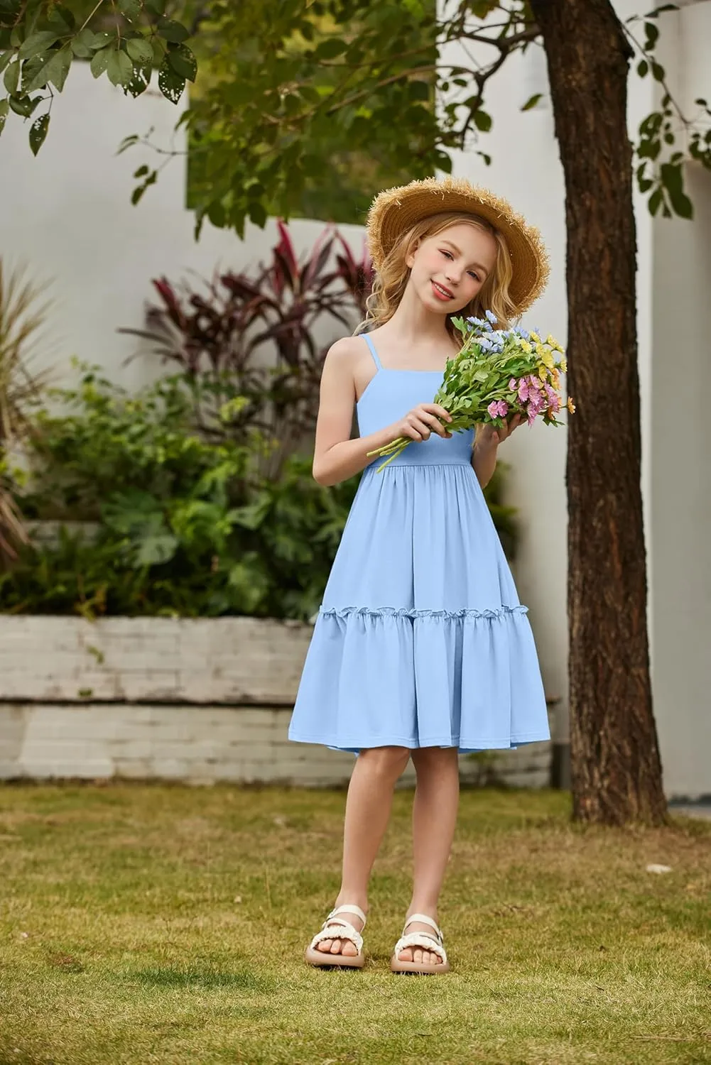 Arshiner Girls Tie Back Dress Spaghetti Strap Ruffle Hem Casual Summer Beach Sundress with Pockets