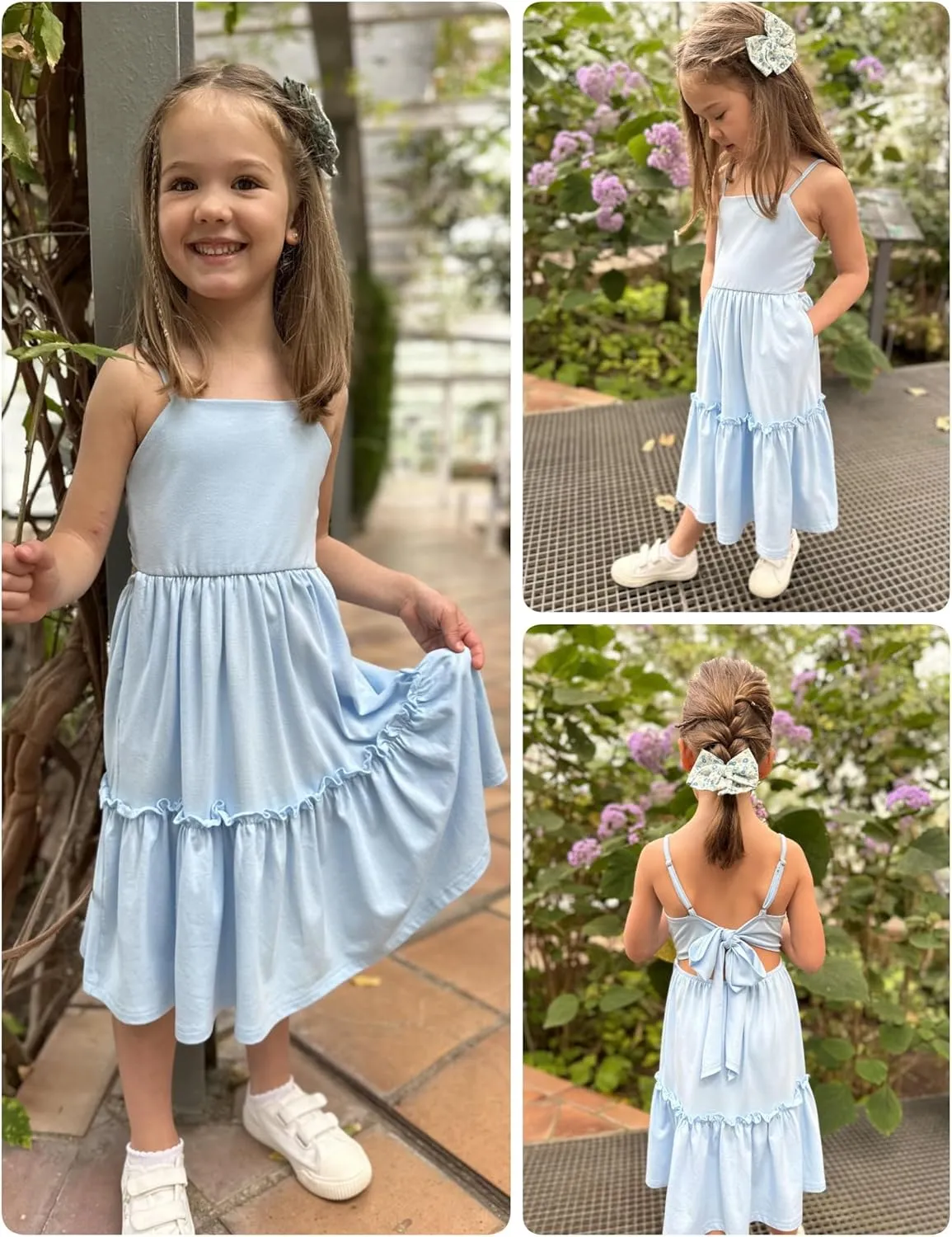 Arshiner Girls Tie Back Dress Spaghetti Strap Ruffle Hem Casual Summer Beach Sundress with Pockets