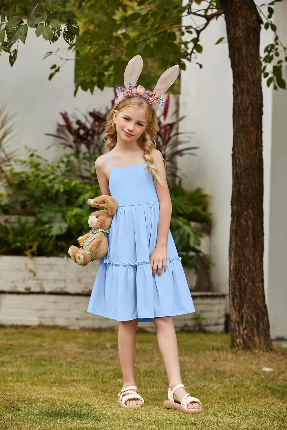 Arshiner Girls Tie Back Dress Spaghetti Strap Ruffle Hem Casual Summer Beach Sundress with Pockets
