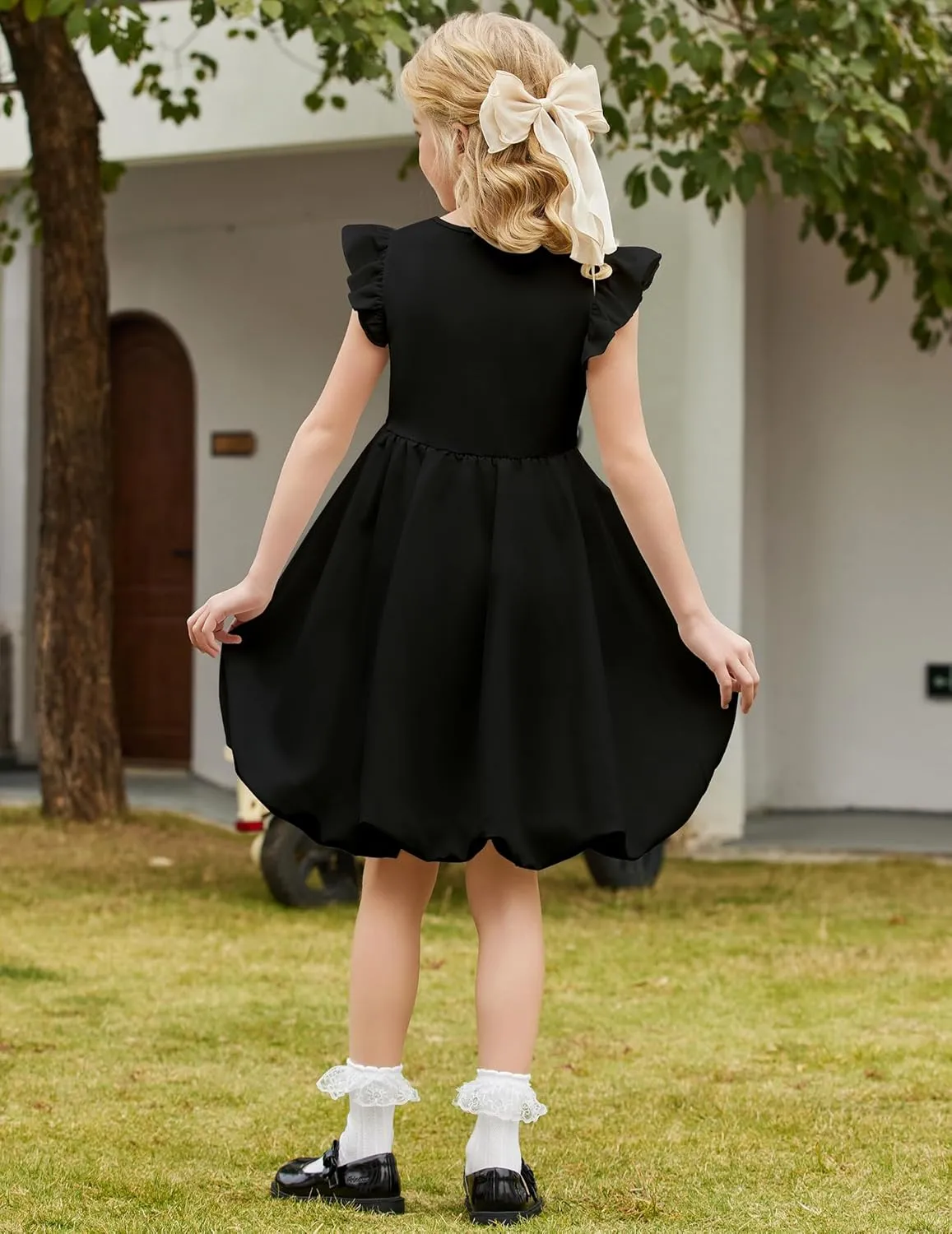 Arshiner Tween Girls Summer Bubble Dress Ruffle Sleeve Casual Party Midi Dresses