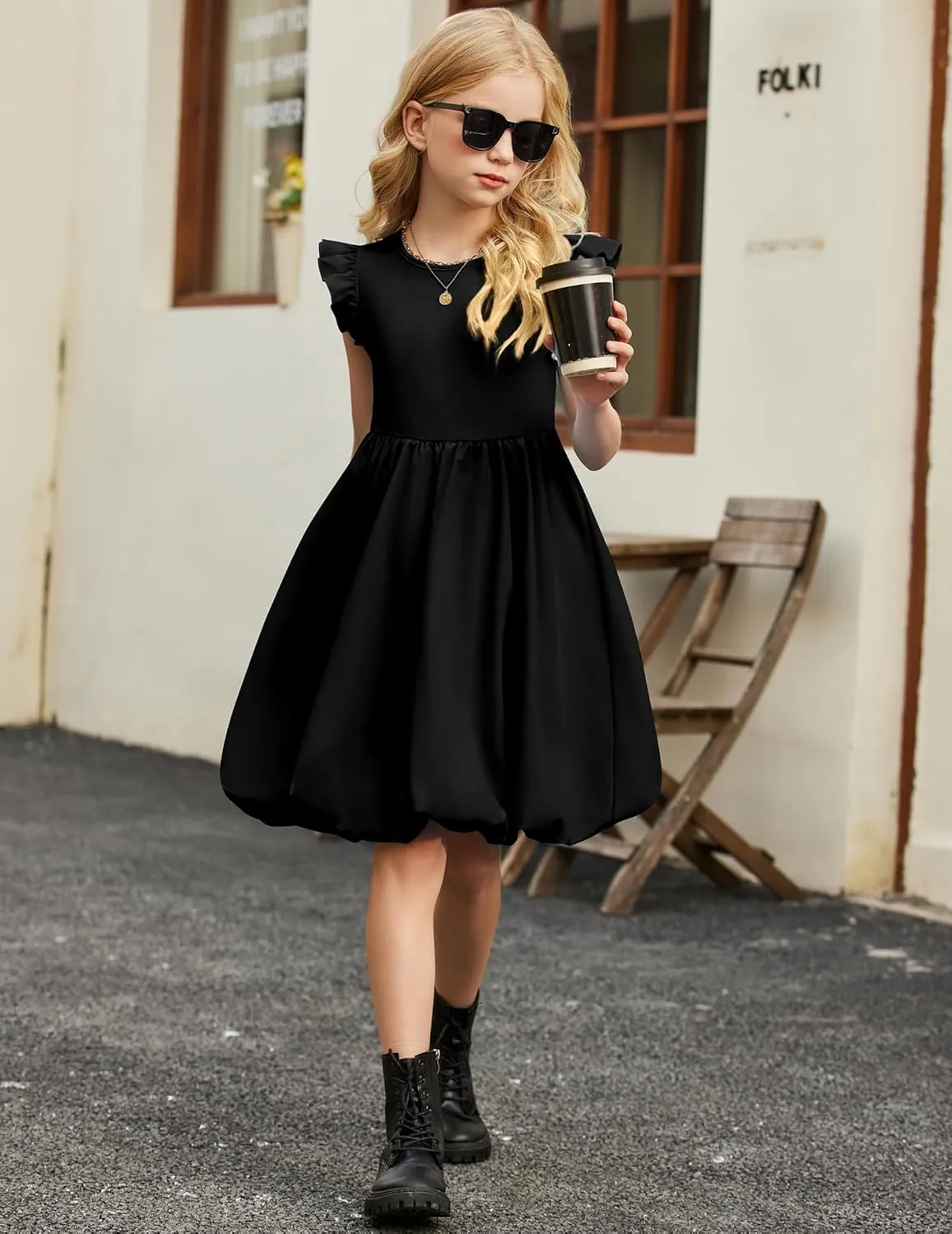 Arshiner Tween Girls Summer Bubble Dress Ruffle Sleeve Casual Party Midi Dresses
