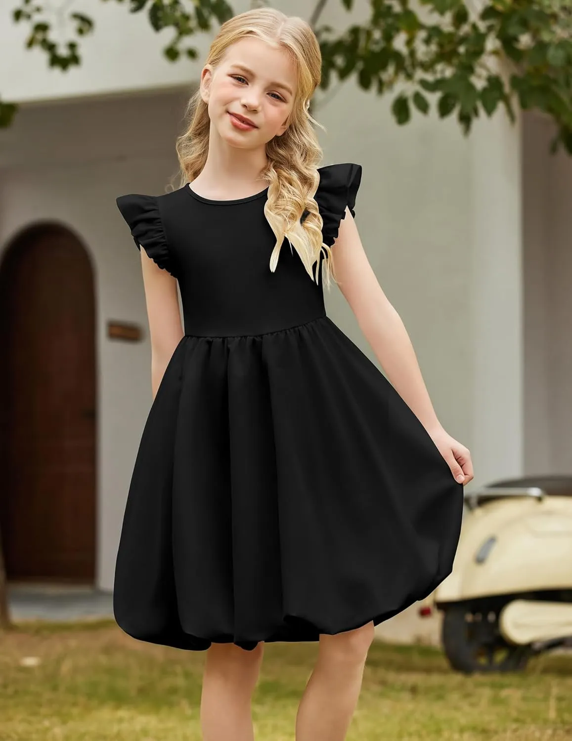 Arshiner Tween Girls Summer Bubble Dress Ruffle Sleeve Casual Party Midi Dresses