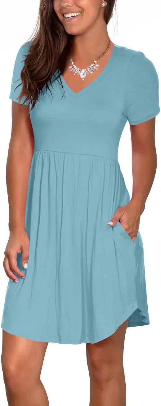 Atizon Women's Casual Crew Neck Dress for Women Short Sleeve Tunic Beach Dresses Summer