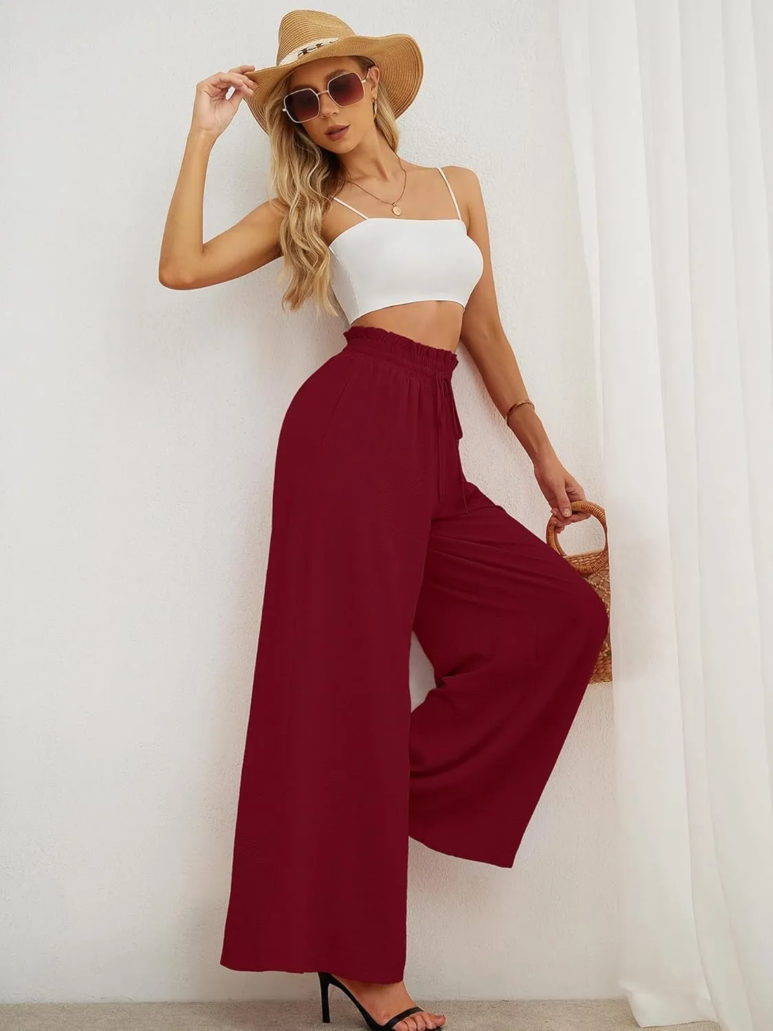 AusLook Women's Wide Leg Dress Pants with Pockets Lightweight High Waisted Adjustable Tie Knot Loose Lounge Trousers