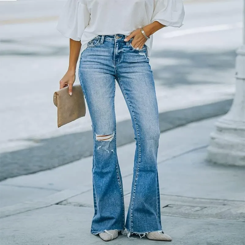 Azuki Flare Pants Ripped Bell Bottom Jeans for Women High Waisted Classic Flared Denim Pants with Pockets