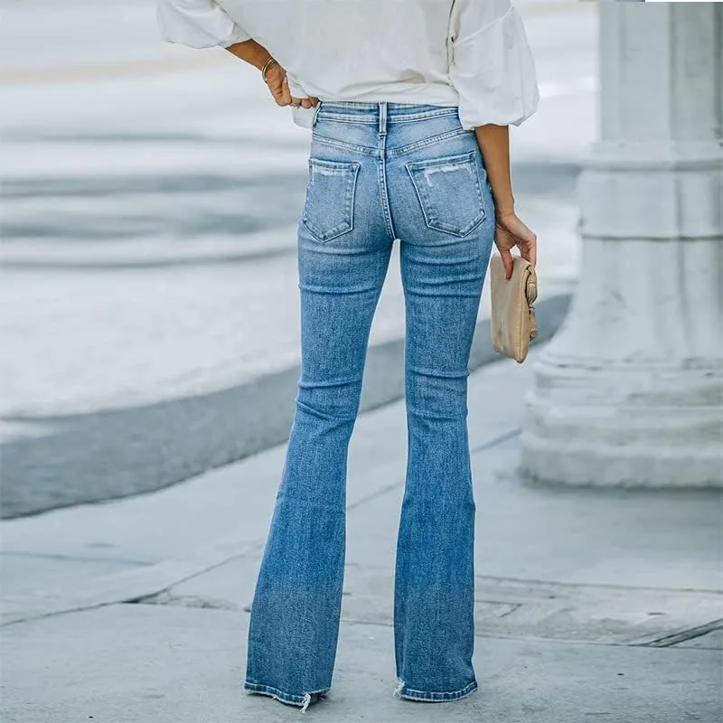Azuki Flare Pants Ripped Bell Bottom Jeans for Women High Waisted Classic Flared Denim Pants with Pockets