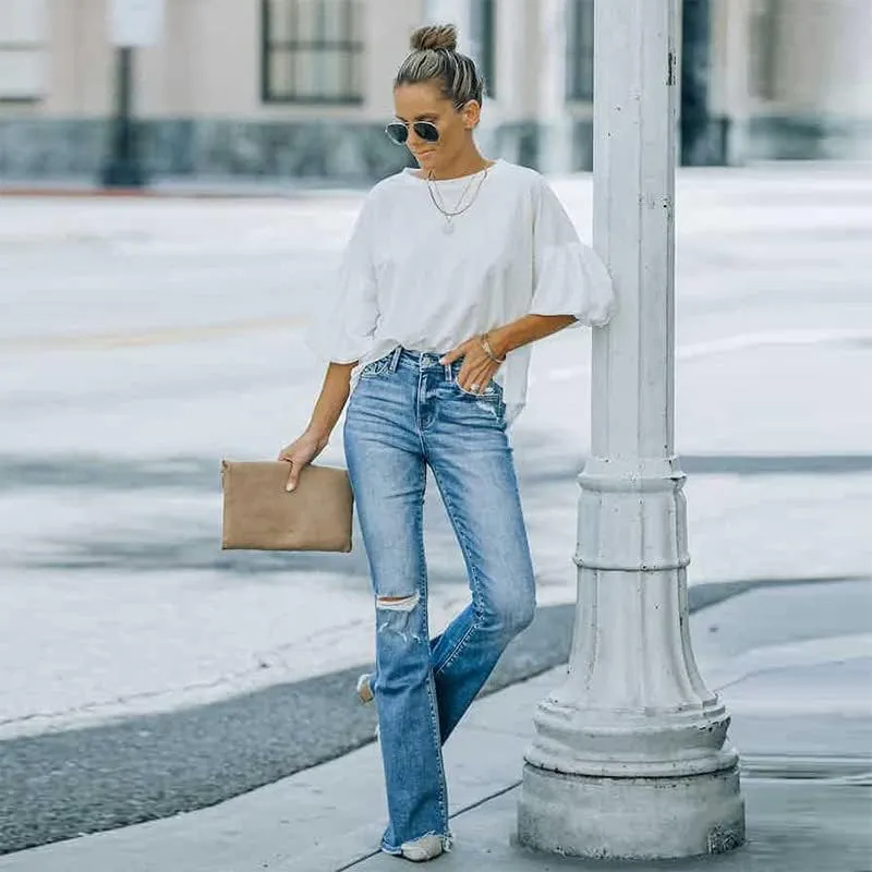 Azuki Flare Pants Ripped Bell Bottom Jeans for Women High Waisted Classic Flared Denim Pants with Pockets
