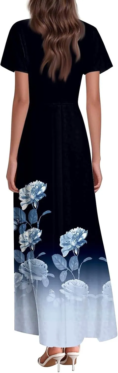 BAXLIMEK Maxi Dresses for Women,2025 Summer Trendy Floral Print V Neck Short Sleeve Beach Dress,Flowy Ruched Swing Boho Dress