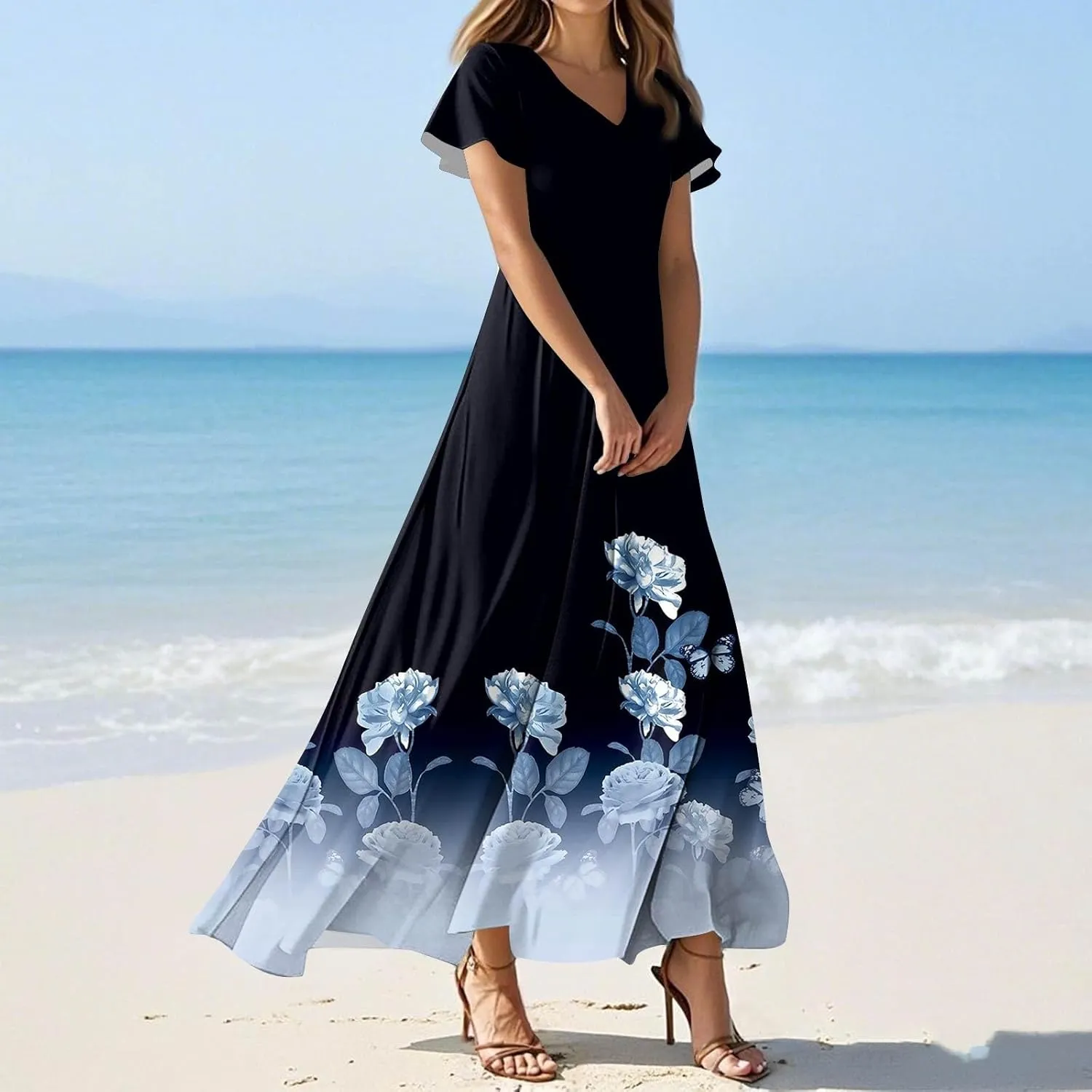BAXLIMEK Maxi Dresses for Women,2025 Summer Trendy Floral Print V Neck Short Sleeve Beach Dress,Flowy Ruched Swing Boho Dress