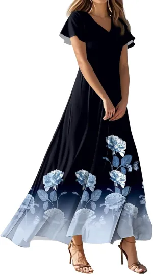 BAXLIMEK Maxi Dresses for Women,2025 Summer Trendy Floral Print V Neck Short Sleeve Beach Dress,Flowy Ruched Swing Boho Dress