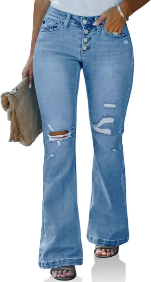 Beautife Womens Plus Size Jeans Bell Bottom High Waisted Wide Leg Ripped Stretch Denim Pants with Pockets