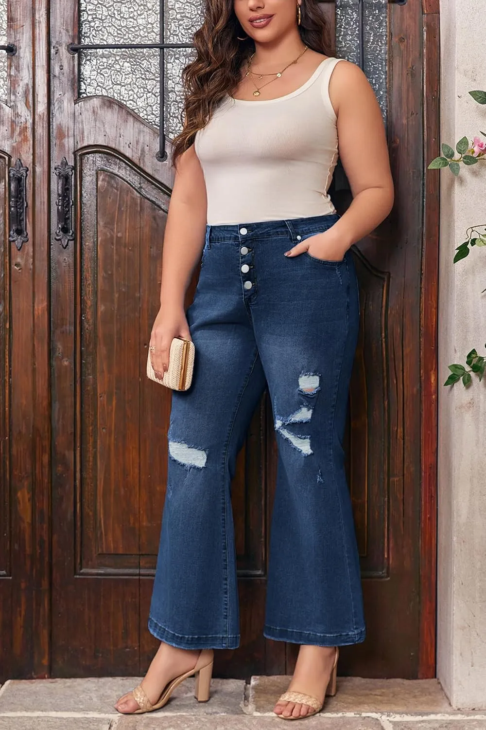 Beautife Womens Plus Size Jeans Bell Bottom High Waisted Wide Leg Ripped Stretch Denim Pants with Pockets