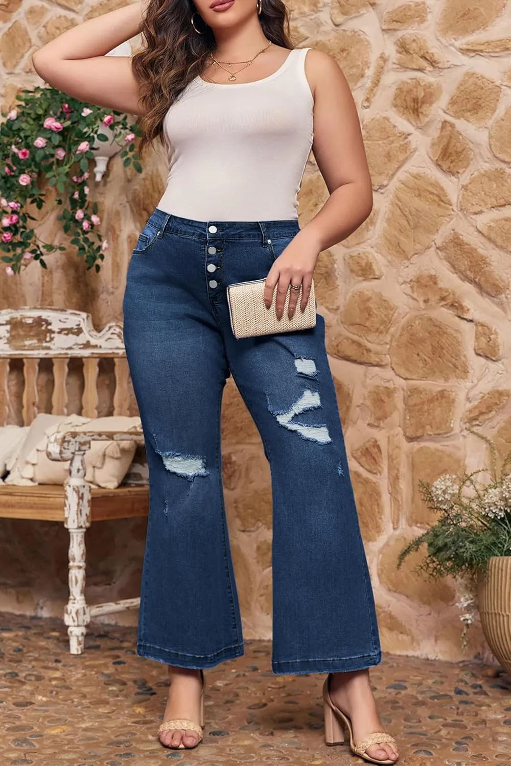 Beautife Womens Plus Size Jeans Bell Bottom High Waisted Wide Leg Ripped Stretch Denim Pants with Pockets