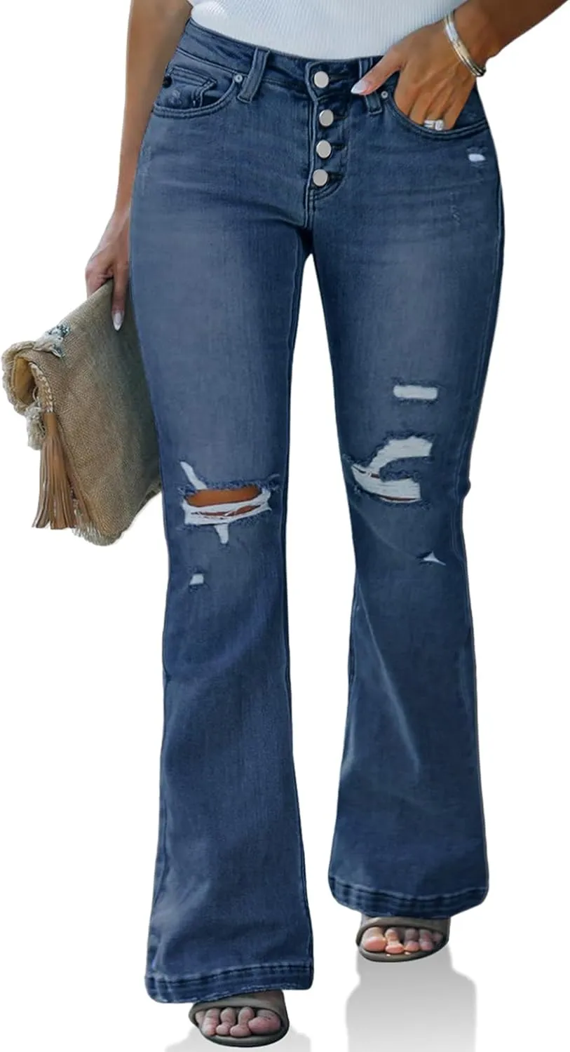 Beautife Womens Plus Size Jeans Bell Bottom High Waisted Wide Leg Ripped Stretch Denim Pants with Pockets