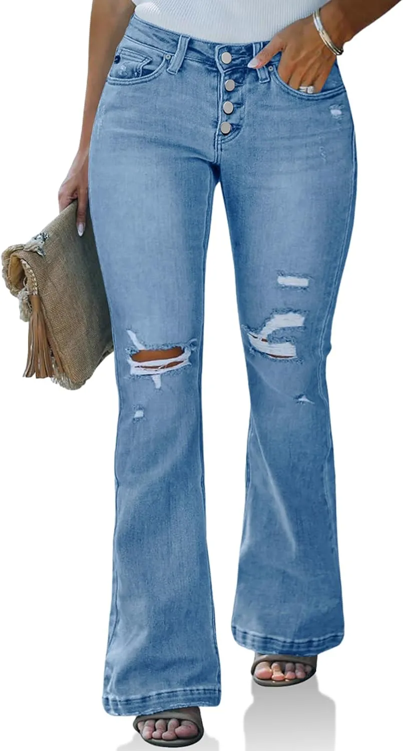 Beautife Womens Plus Size Jeans Bell Bottom High Waisted Wide Leg Ripped Stretch Denim Pants with Pockets