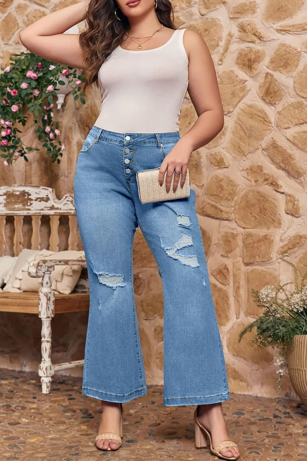 Beautife Womens Plus Size Jeans Bell Bottom High Waisted Wide Leg Ripped Stretch Denim Pants with Pockets