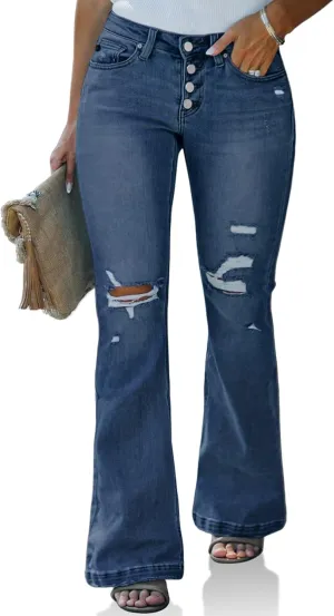 Beautife Womens Plus Size Jeans Bell Bottom High Waisted Wide Leg Ripped Stretch Denim Pants with Pockets