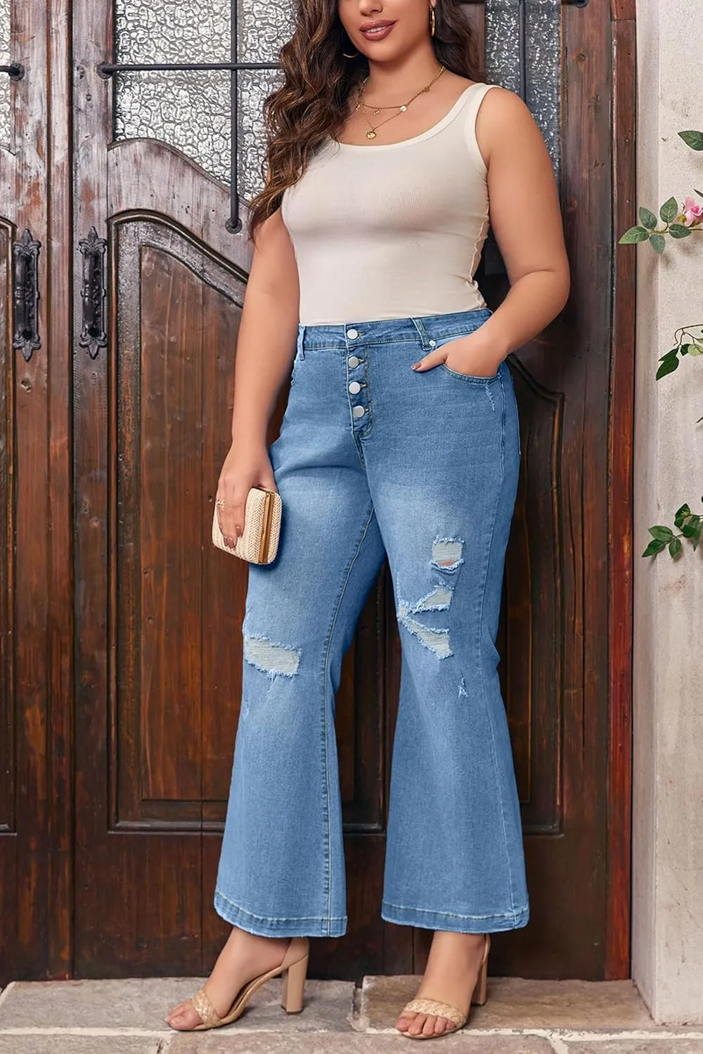 Beautife Womens Plus Size Jeans Bell Bottom High Waisted Wide Leg Ripped Stretch Denim Pants with Pockets