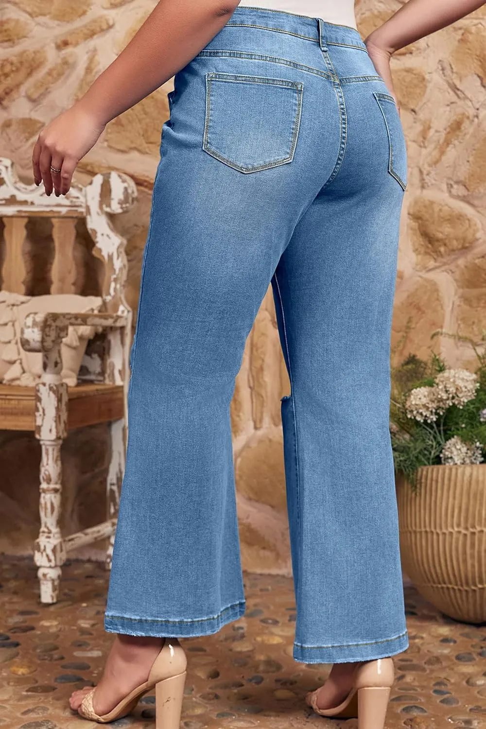 Beautife Womens Plus Size Jeans Bell Bottom High Waisted Wide Leg Ripped Stretch Denim Pants with Pockets