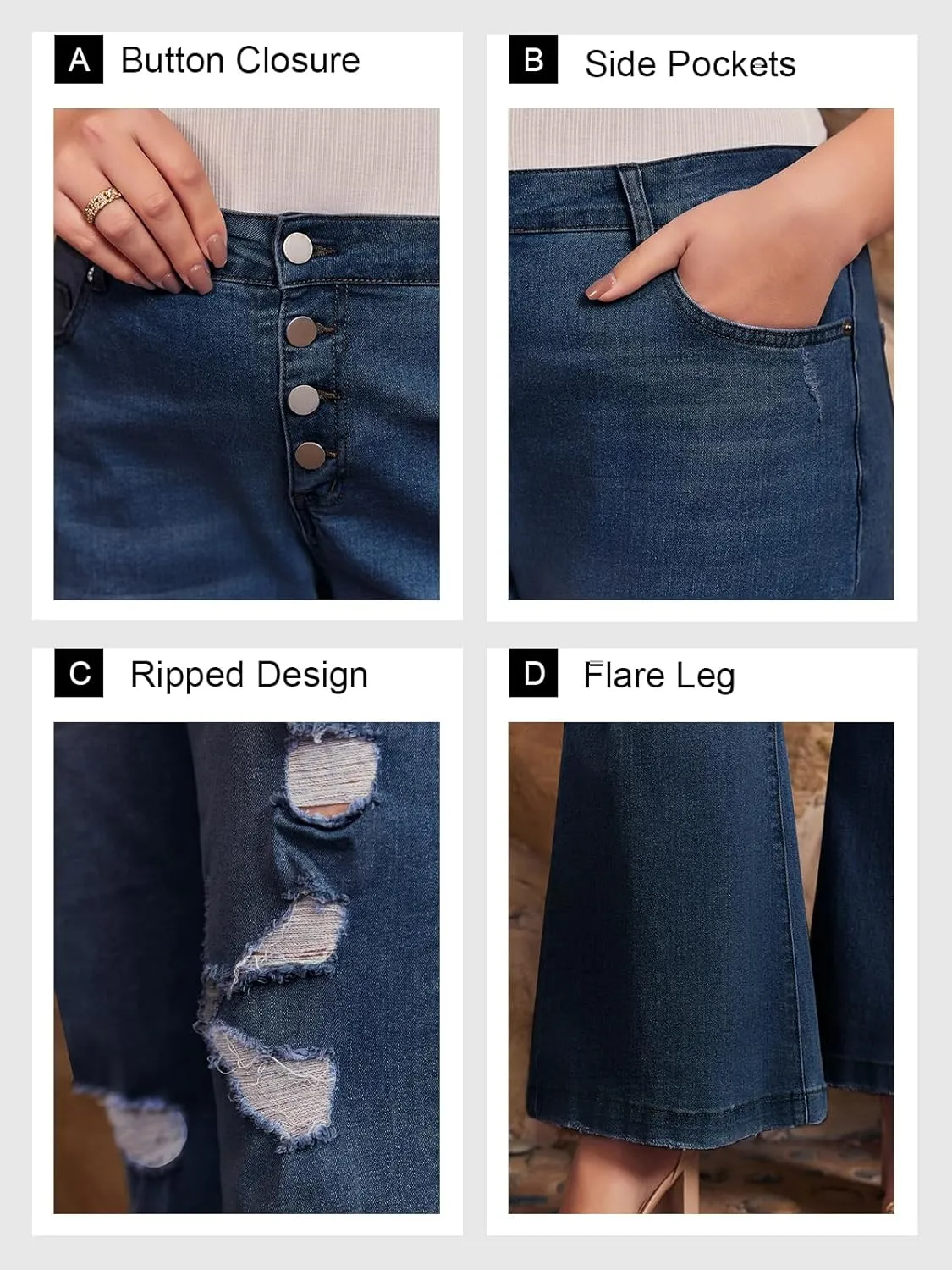 Beautife Womens Plus Size Jeans Bell Bottom High Waisted Wide Leg Ripped Stretch Denim Pants with Pockets