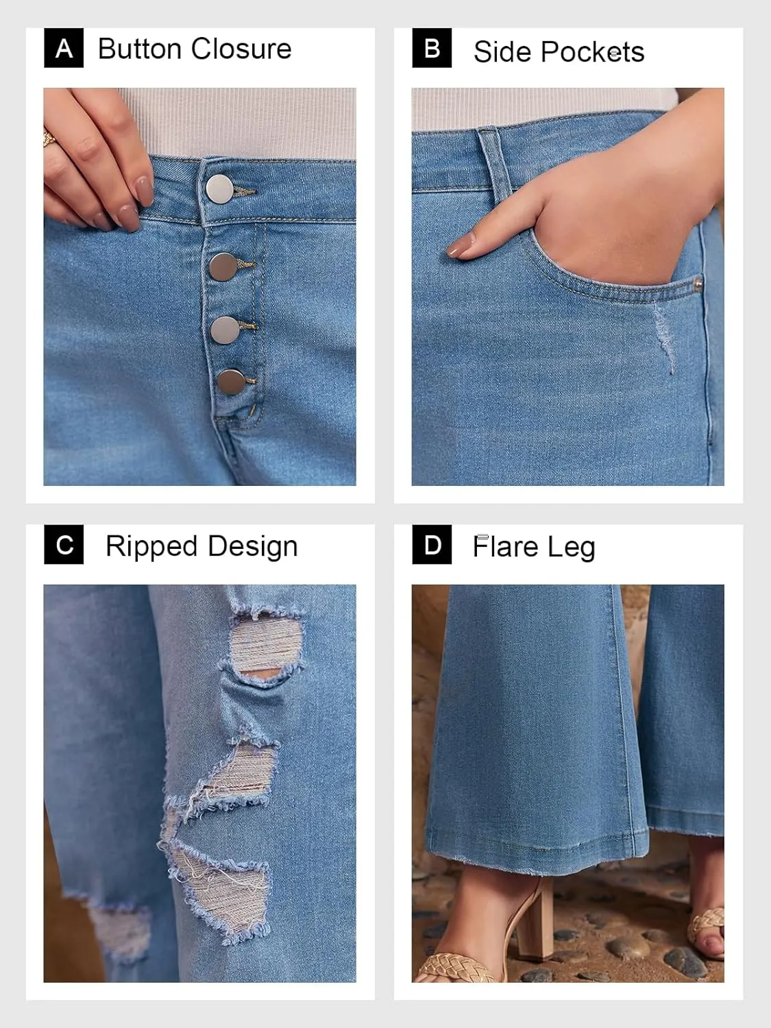 Beautife Womens Plus Size Jeans Bell Bottom High Waisted Wide Leg Ripped Stretch Denim Pants with Pockets